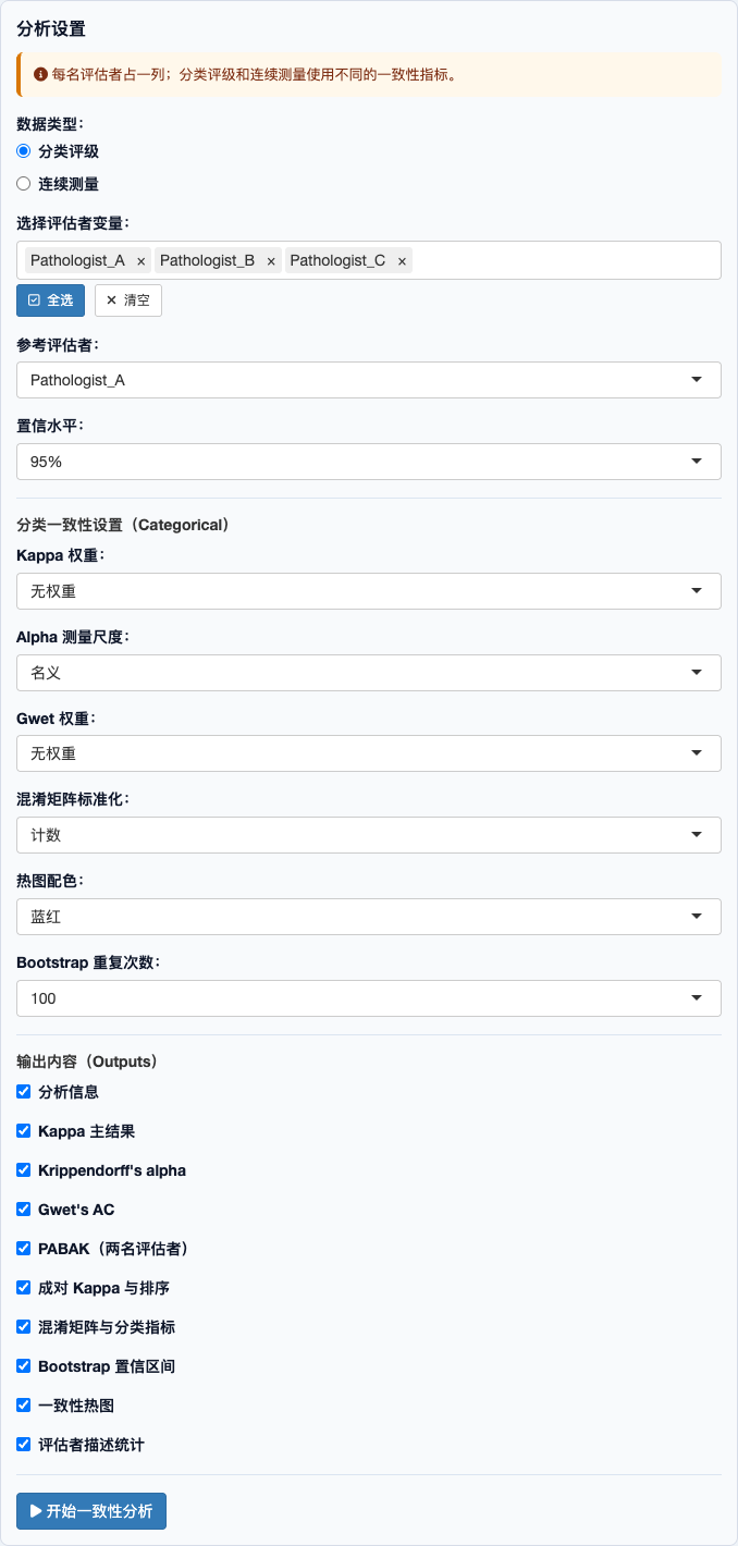 医学一致性分析：完整设置面板