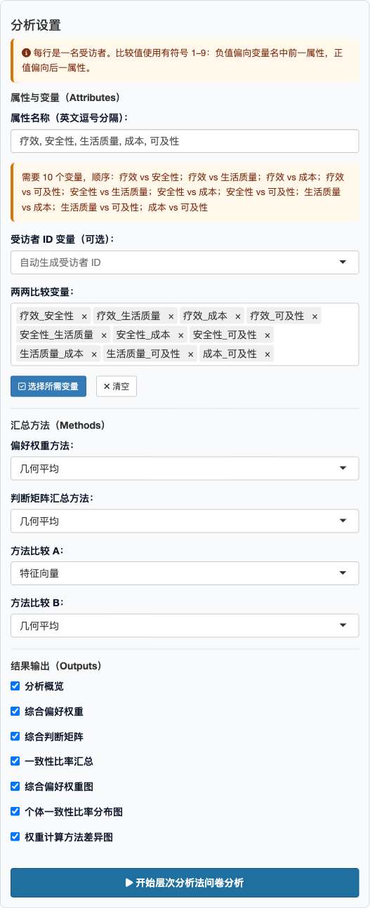 层次分析法问卷分析：完整设置面板
