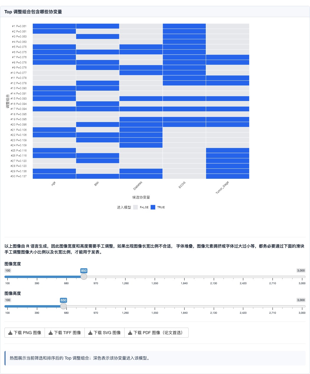 协变量组合热图：每一行是一个调整组合，每一列是一个候选协变量，蓝色表示该协变量进入该模型。