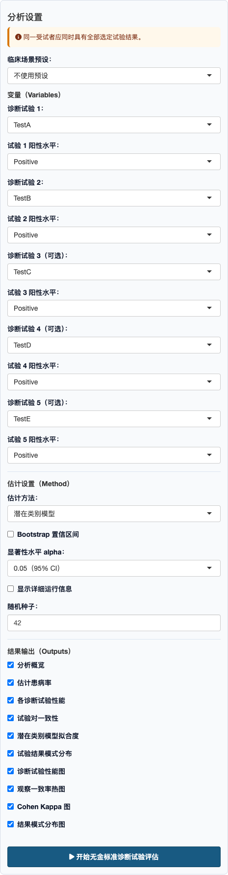 无金标准诊断试验评估：完整设置面板