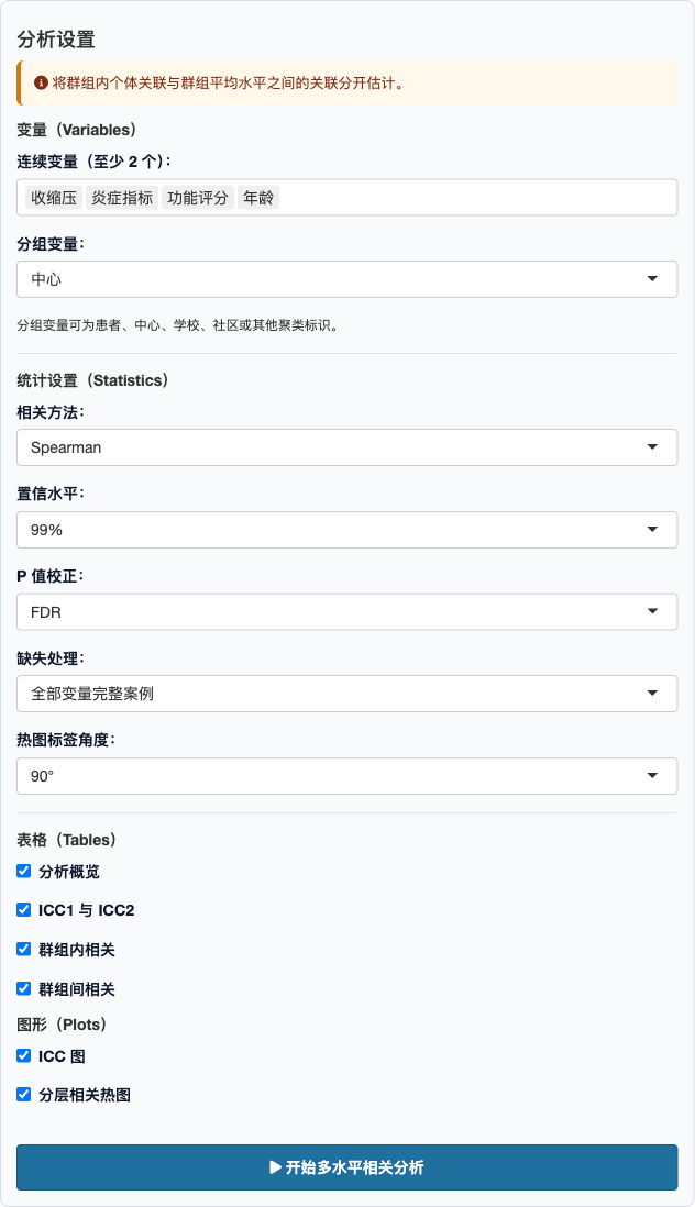 多水平相关分析：完整设置面板