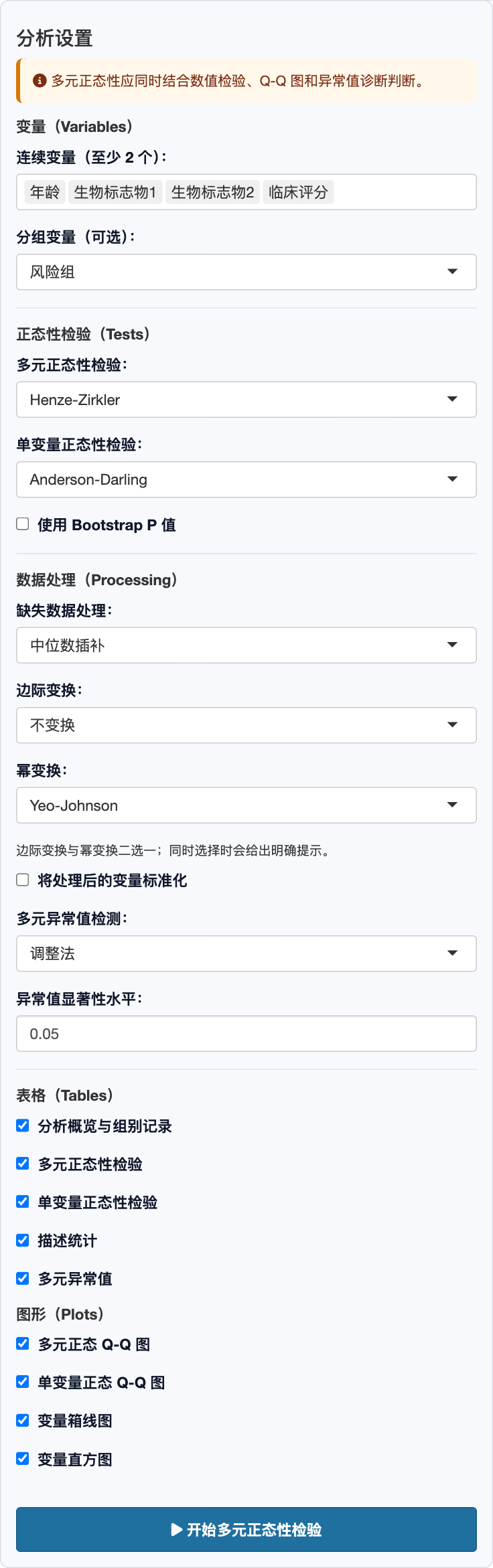 多元正态性检验：完整设置面板