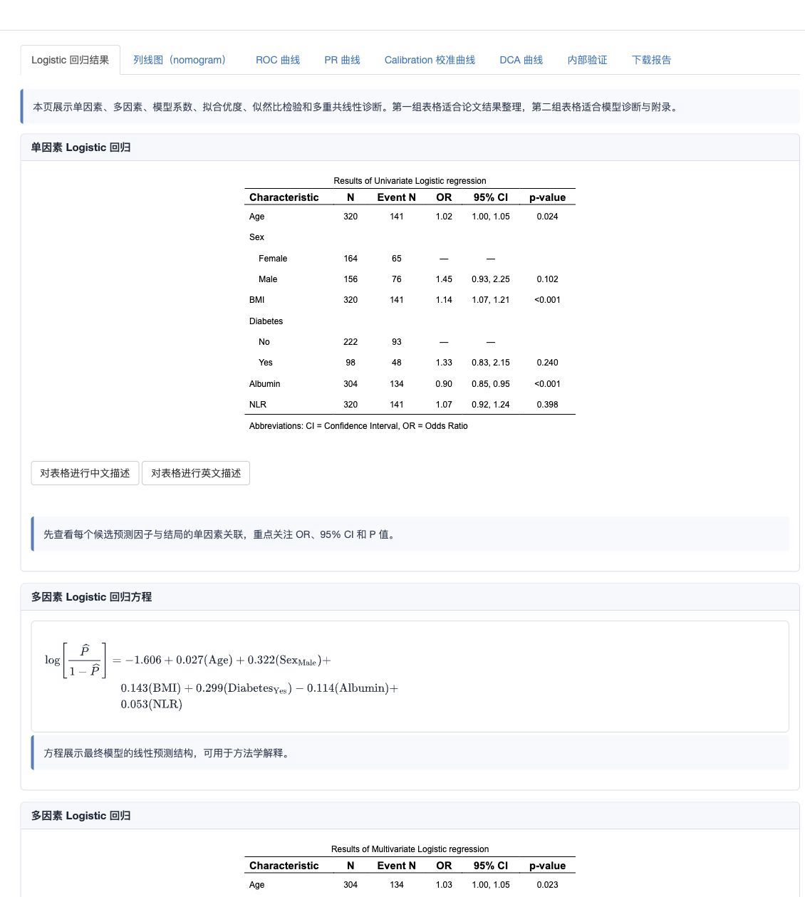 生成结果后的 Logistic 回归结果主面板。