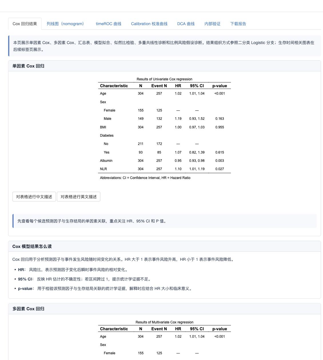 生存型结局生成后的 Cox 回归结果页面。