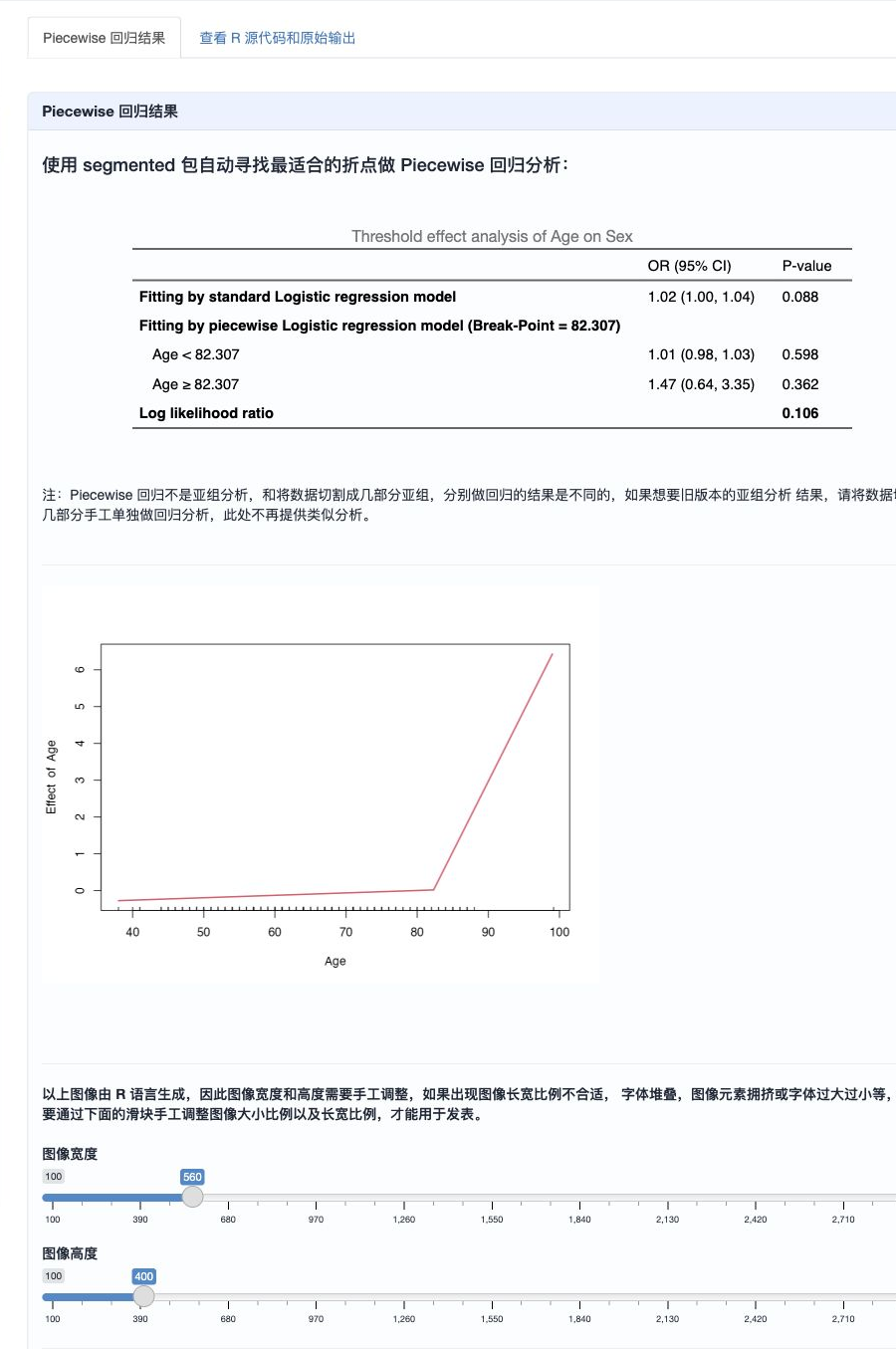 Piecewise 结果主面板：分段效应量、P 值、似然比检验和分段图像