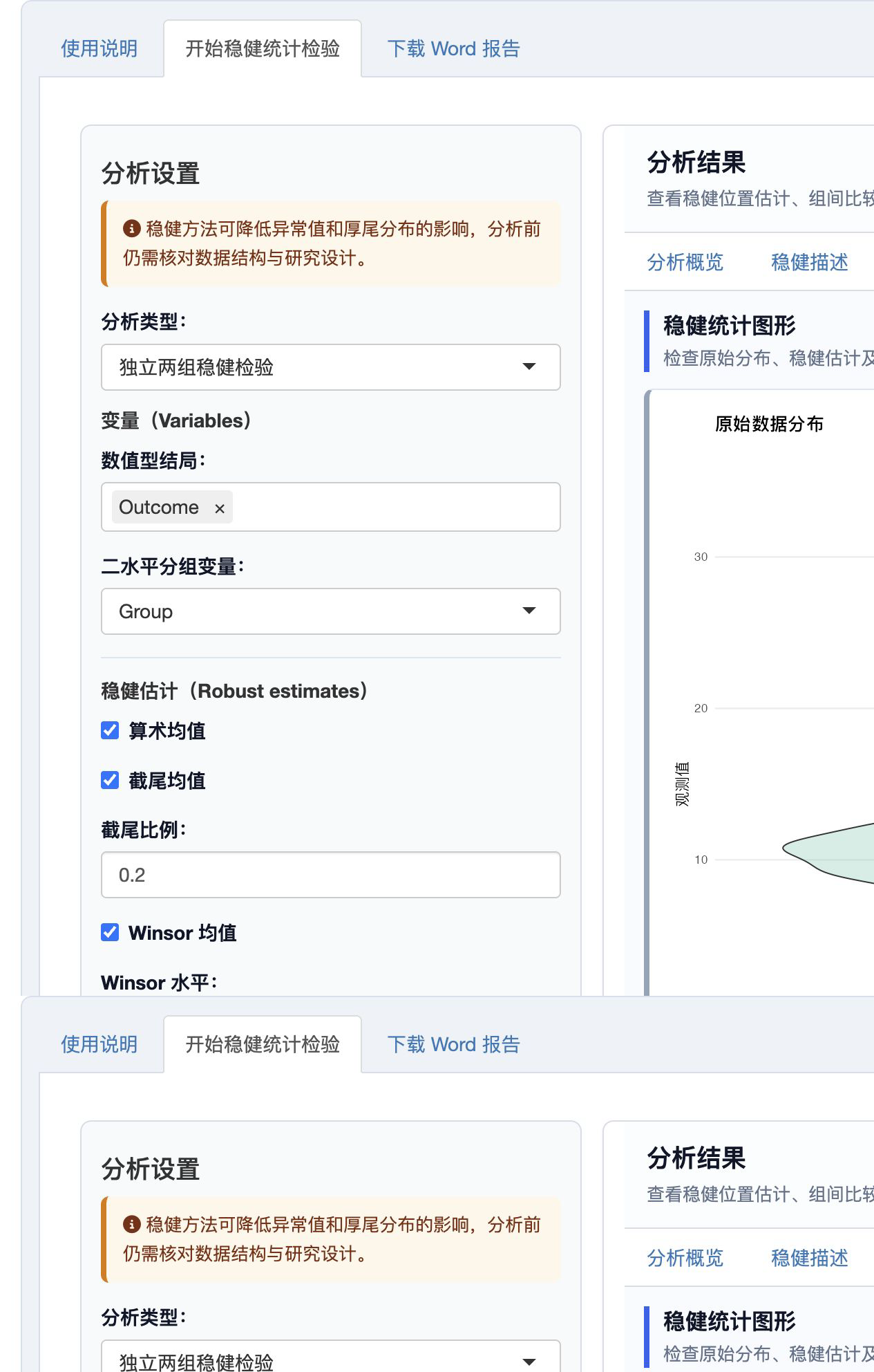 独立两组：分布图与稳健估计区间图