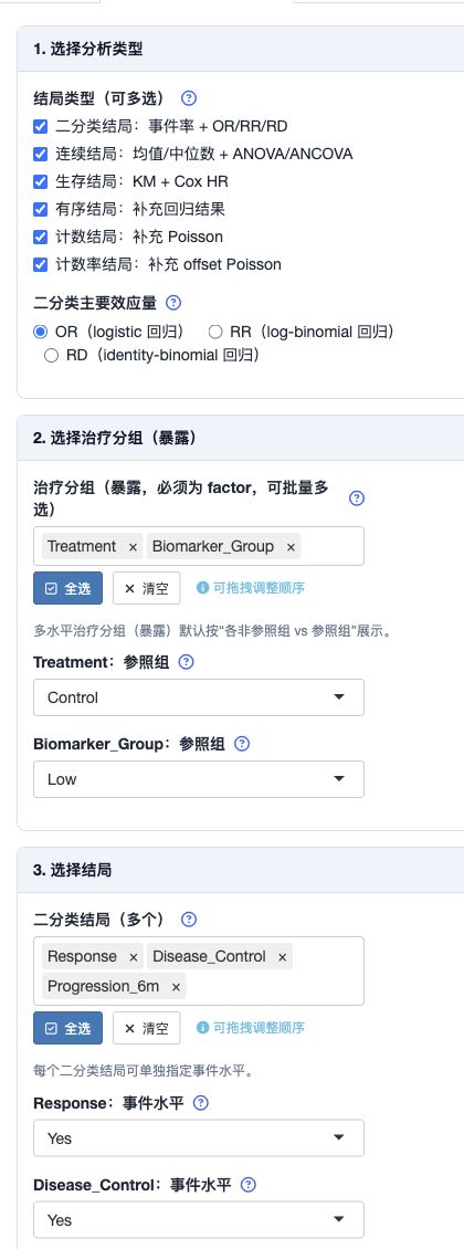 左侧参数设置面板：先选择结局类型，再批量选择治疗分组、多个结局、事件水平、生存时间-状态配对和 offset 分母变量。